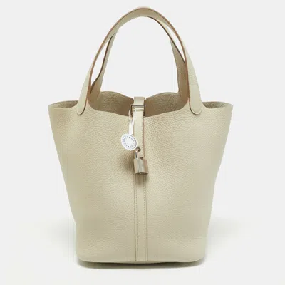 Pre-owned Hermes Hermès Picotin Lock 22 Gris Pale Taurillon Clemence Leather Tote In Grey
