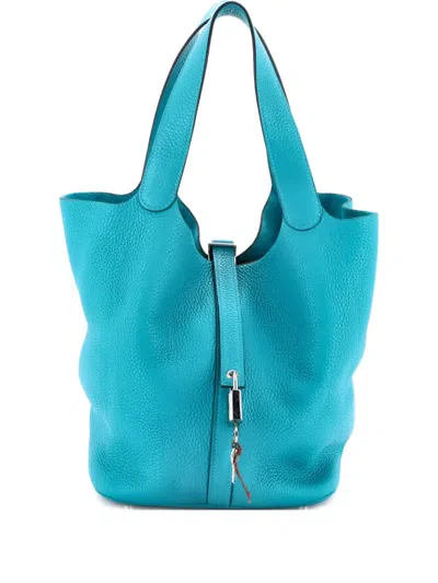 Pre-owned Hermes Picotin Lock Bag Clemence Gm Bucket Bag In Blue