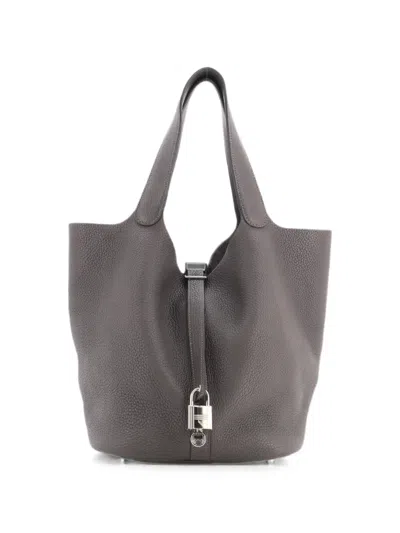 Pre-owned Hermes Picotin Lock Bag Clemence Gm Bucket Bag In Grey