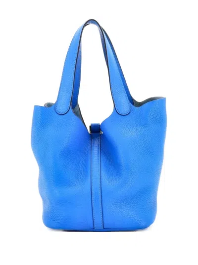Pre-owned Hermes Picotin Lock Bag Clemence Mm Bucket Bag In Blue