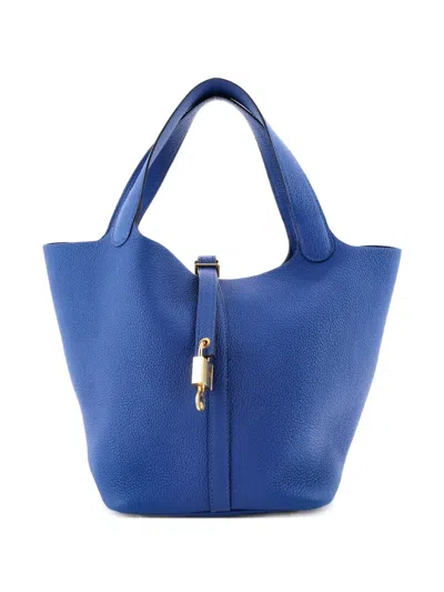Pre-owned Hermes Picotin Lock Bag Clemence Mm Bucket Bag In Blue