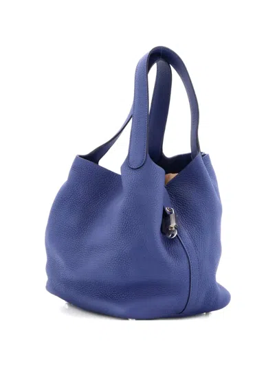 Pre-owned Hermes Picotin Lock Bag Clemence Mm Bucket Bag In Blue