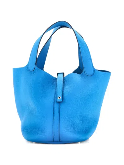 Pre-owned Hermes Picotin Lock Bag Clemence Mm Bucket Bag In Blue