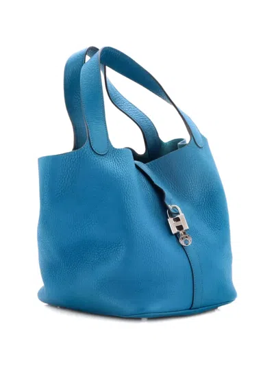 Pre-owned Hermes Picotin Lock Bag Clemence Mm Bucket Bag In Blue