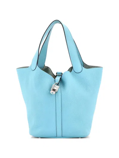 Pre-owned Hermes Picotin Lock Bag Clemence Mm Bucket Bag In Blue