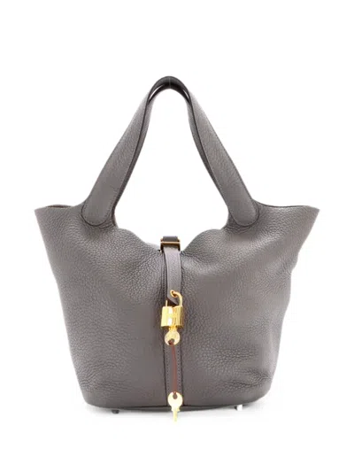 Pre-owned Hermes Picotin Lock Bag Clemence Mm Bucket Bag In Grey