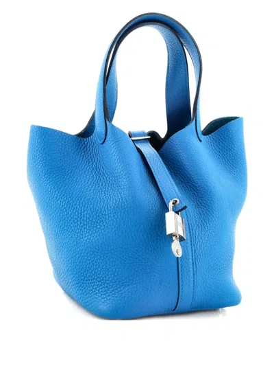 Pre-owned Hermes Picotin Lock Bag Clemence Pm Bucket Bag In Blue