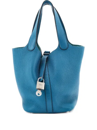Pre-owned Hermes Picotin Lock Bag Clemence Pm Bucket Bag In Blue