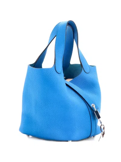 Pre-owned Hermes Picotin Lock Bag Clemence Pm Bucket Bag In Blue