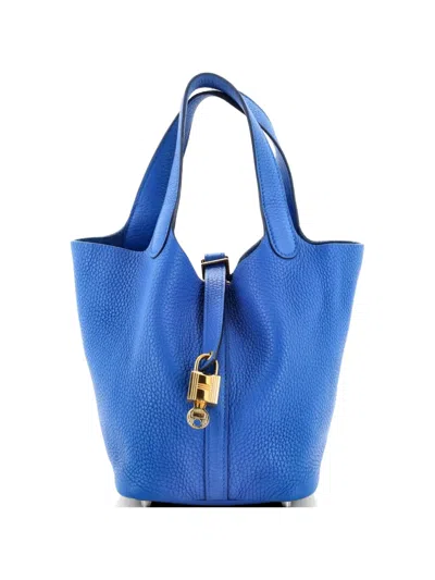 Pre-owned Hermes Picotin Lock Bag Clemence Pm Bucket Bag In Blue