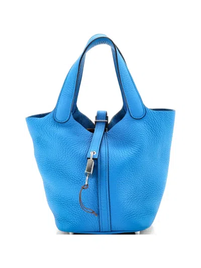 Pre-owned Hermes Picotin Lock Bag Clemence Pm Bucket Bag In Blue