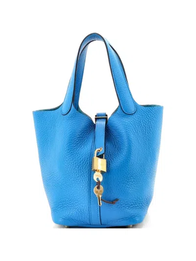 Pre-owned Hermes Picotin Lock Bag Clemence Pm Bucket Bag In Blue