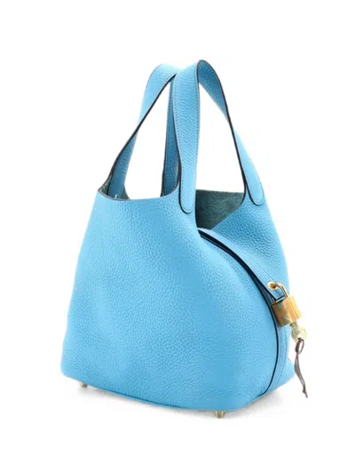 Pre-owned Hermes Picotin Lock Bag Clemence Pm Bucket Bag In Blue