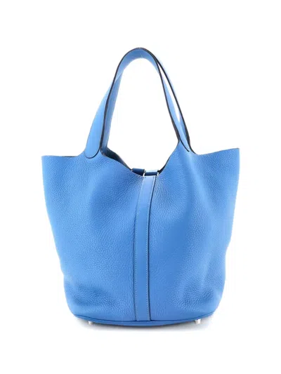 Pre-owned Hermes Picotin Lock Bag Clemence With Swift Gm Bucket Bag In Blue