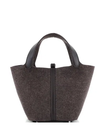 Pre-owned Hermes Picotin Lock Bag Felt With Leather Mm Bucket Bag In Brown
