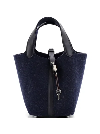 Pre-owned Hermes Picotin Lock Bag Felt With Leather Pm Bucket Bag In Black