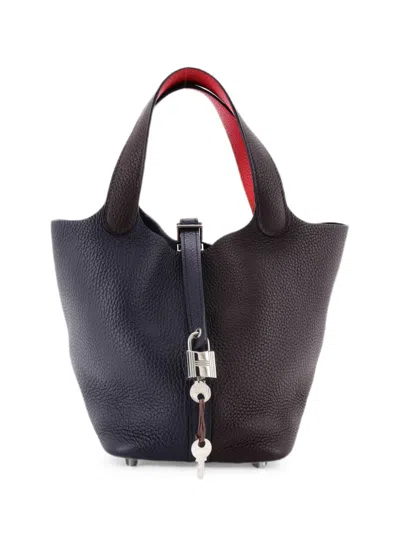 Pre-owned Hermes Picotin Lock Bag Tricolor Clemence Pm Bucket Bag In Blue