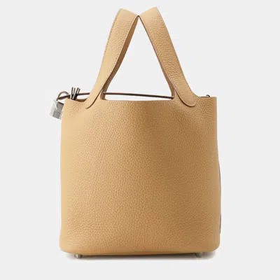 Pre-owned Hermes Picotin Lock Biscuit Taurillon Clemence Pm In Brown