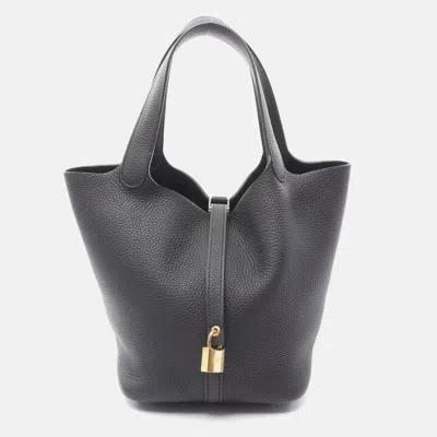 Pre-owned Hermes Picotin Lock Black Clemence Leather Tote Mm 060991cc