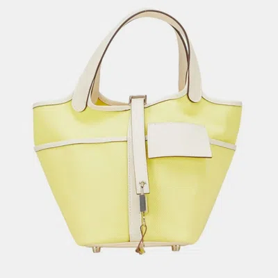 Pre-owned Hermes Picotin Lock Cargo 20 Yellow Ivory Jaune Citron Nata Swift And Toile Goelan Handbag In White