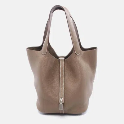 Pre-owned Hermes Picotin Lock Etoupe Grey Clemence Leather Tote Pm In Brown
