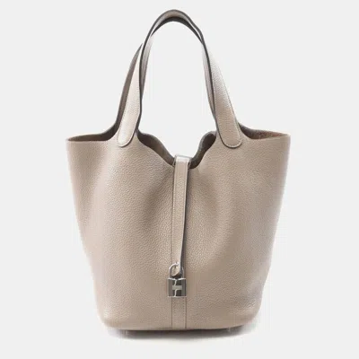 Pre-owned Hermes Picotin Lock Gray Brown D Taurillon Clemence Leather Bag