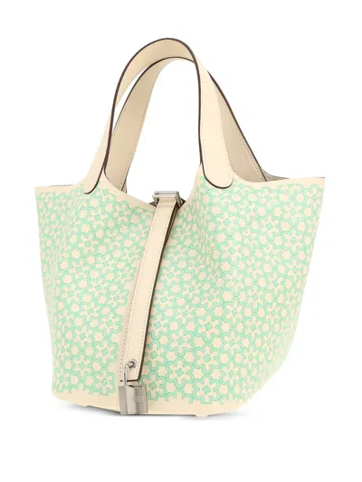 Pre-owned Hermes Picotin Lock Lucky Daisy Tote Bag In Green