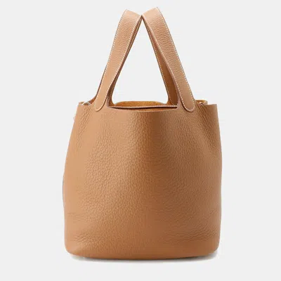 Pre-owned Hermes Picotin Lock Mm Gold Taurillon Clemence Bucket Bag In Brown