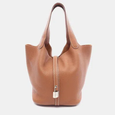 Pre-owned Hermes Picotin Lock Mm Handbag Clemence Leather Brown Gold B Shw