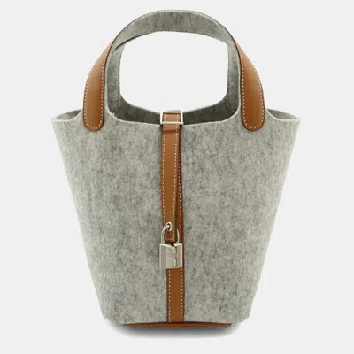 Pre-owned Hermes Picotin Lock Pm Handbag/tote Bag In Felt Swift Leather Gripere Gray Gold