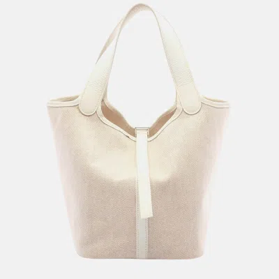 Pre-owned Hermes Picotin White Ecru Clemence Leather Toile H Canvas Handbag Pm
