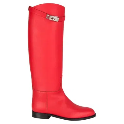 Pre-owned Hermes Piment Red Leather Jumping Knee High Flat Boots Shoes 36