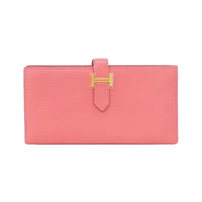 Pre-owned Hermes Pink Chevre Leather Long Wallet (bi-fold) ()