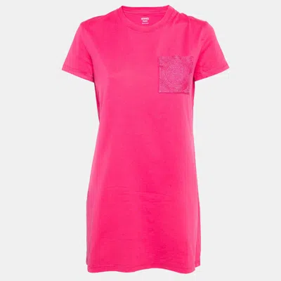 Pre-owned Hermes Hermès Pink Embroidered Pocket Cotton Knit Mini T-shirt Dress M