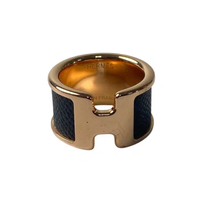 Pre-owned Hermes Pink Gold Black Leather Band Ring ()