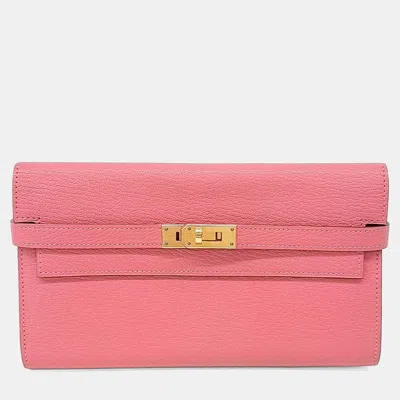 Pre-owned Hermes Pink Leather Kelly Long Wallet (x)