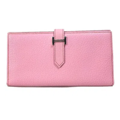 Pre-owned Hermes Pink Leather Long Wallet (bi-fold) ()