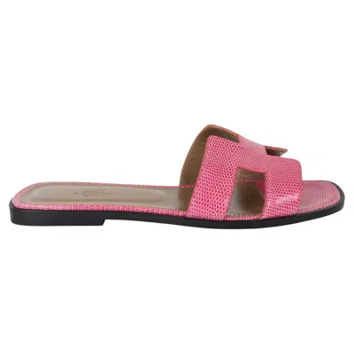 Pre-owned Hermes Pink Leather Oran Lizard Slides Sandals Shoes 40 Fit 39