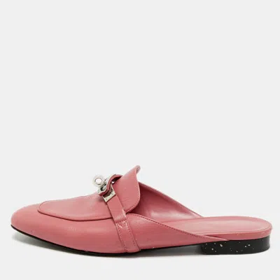 Pre-owned Hermes Pink Leather Palladium Plated oz Mule Sandals Size 38