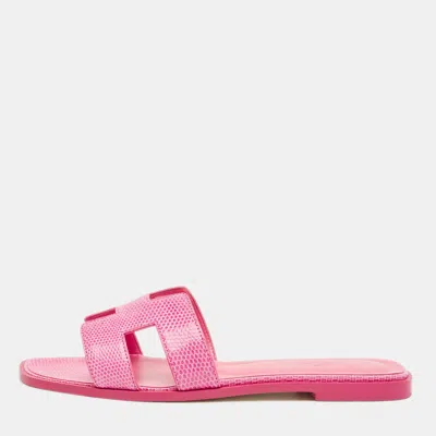 Pre-owned Hermes Hermès Pink Lizard Oran Flat Slides Size 40