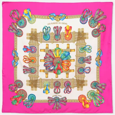 Pre-owned Hermes Pink Multicolor Printed Silk Les Rubans Du Cheval Scarf