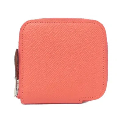 Pre-owned Hermes Pink Orange Rose Jaipur Rouge Grenat Epsom Leather Silk Coin Purse/coin Case () In Pink Orange, Rose Jaipur, Rouge Grenat