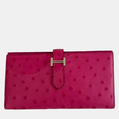 Pre-owned Hermes Pink Ostrich Bearn Wallet