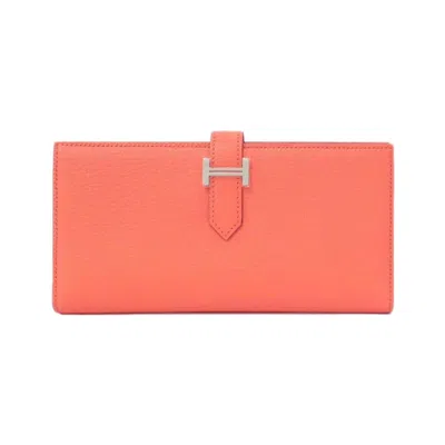 Pre-owned Hermes Pink Pink Orange Soufre Chevre Leather Long Wallet (bi-fold) ()