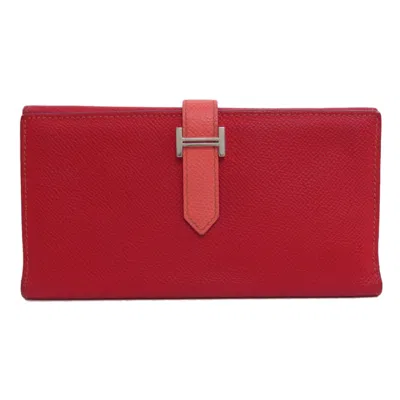 Pre-owned Hermes Pink Red Color Epsom Leather Long Wallet (bi-fold) () In Pink, Red Color