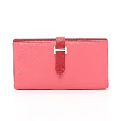 Pre-owned Hermes Pink Red Color Rouge Casaque Chevre Leather Leather Long Wallet (bi-fold) ()