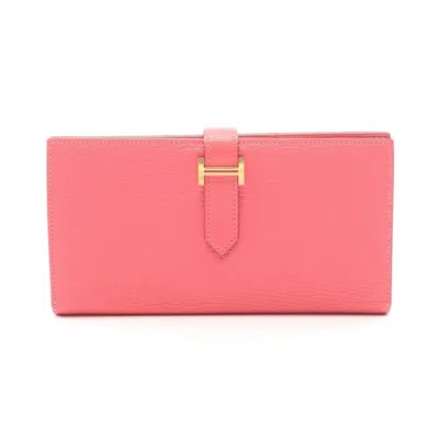 Pre-owned Hermes Pink Rose Azalee Chevre Leather Long Wallet (bi-fold) () In Pink, Rose Azalee