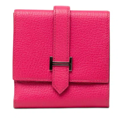 Pre-owned Hermes Pink Rose Shocking Chevre Leather Wallet (tri-fold) () In Pink, Rose Shocking