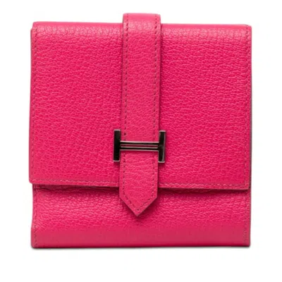 Pre-owned Hermes Pink Rose Shocking Chevre Leather Wallet (tri-fold) () In Pink, Rose Shocking