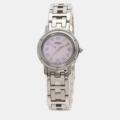 Pre-owned Hermes Pink Shell Stainless Steel Clipper Cl4.210 Quartz Women's Wristwatch 24 Mm